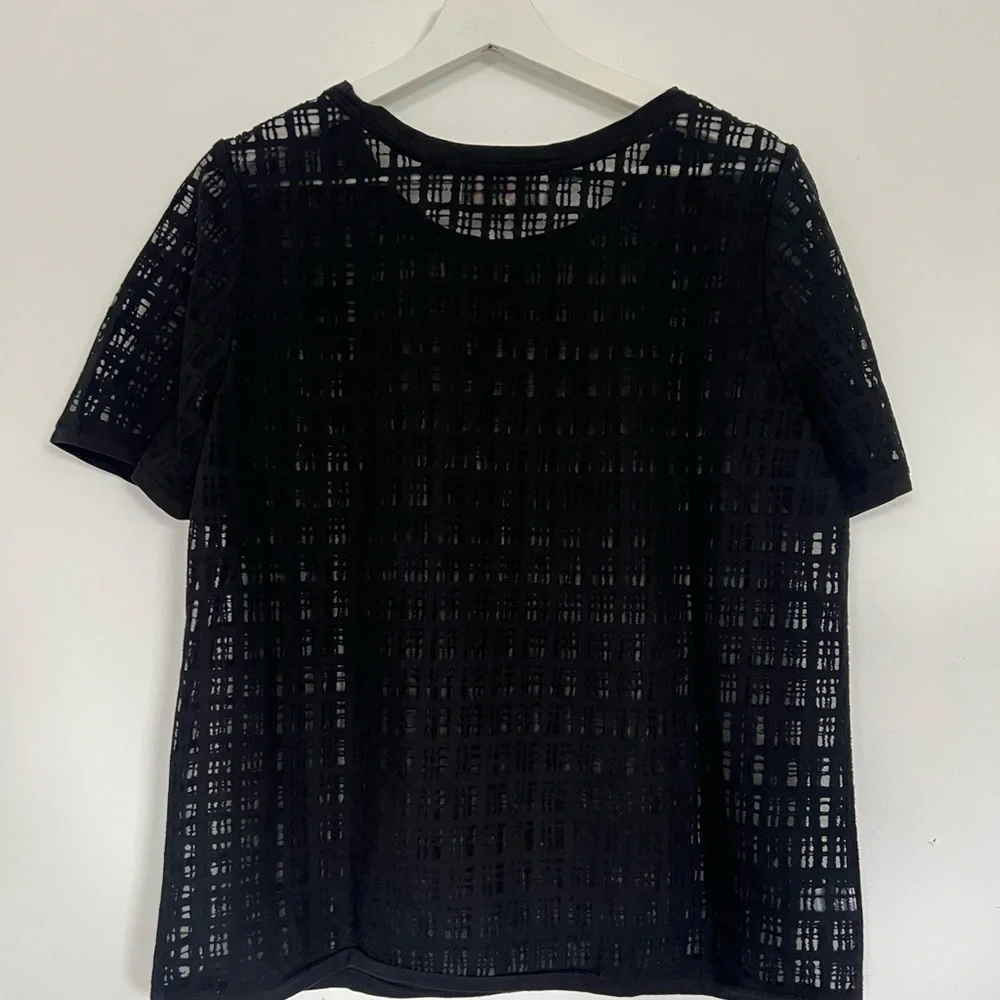 LOFT Black Short-Sleeve Grid Lace Blouse - Picture 5 of 5